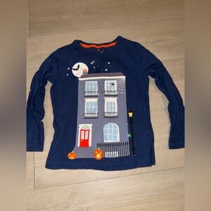 Mini Boden Halloween lift-the-flap long sleeve shirt in navy blue 5-6Y